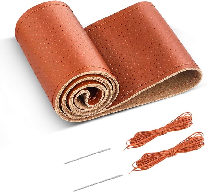 BELINOUS Universal Leather Car Steering Wheel Cover, Stitch On Wrap (Size M5, Brown)
