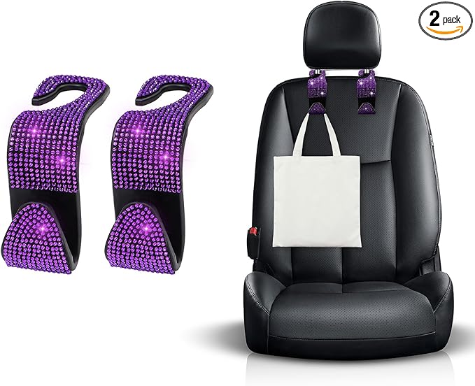 2 PCS Bling Car Seat Headrest Hooks, Crystal Rhinestone Back Seat Hanging Storage Organizer, Vehicle Seat Hanger Holder for Purse Handbag Coat, Interior Car Accessories (Purple)