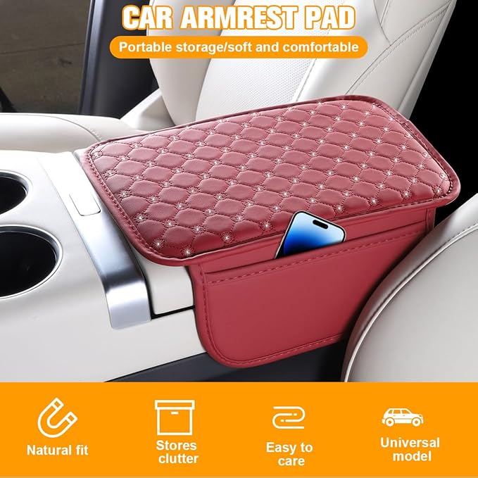 Bling Car Center Console Cover, Leather Crystal Rhinestone Vehicle Armrest Cushion Pad with Side Storage Bags, Scratch Resistant Auto Middle Console Protection Mat, Universal Fit (Wine Red)