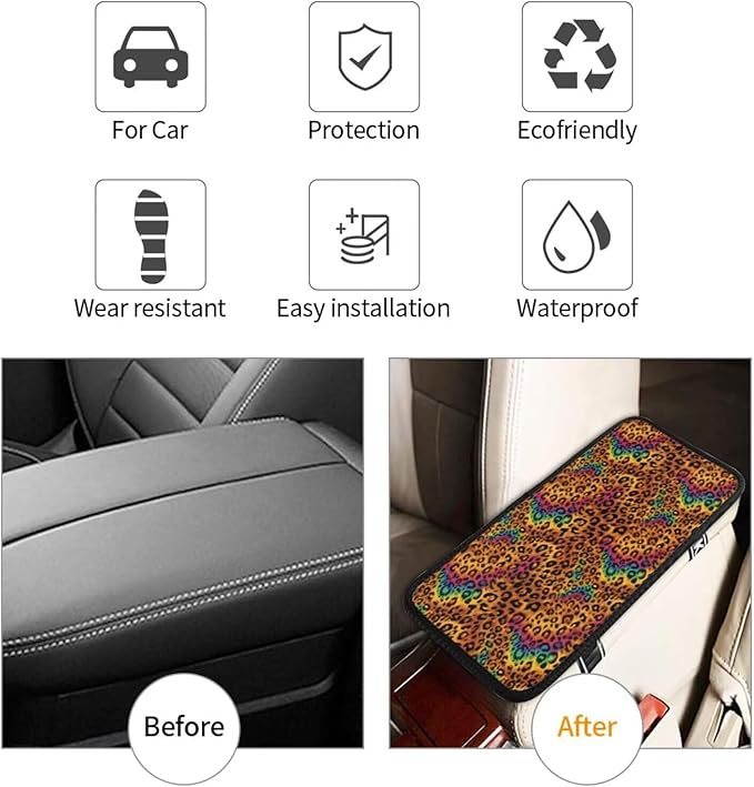 Center Console Cover Rainbow Leopard Armrest Box Cushion Pad Animal Cheetah Arm Rest Lid Covers SUV Sedans Truck Interior Accessories, Anti-Scratch Car Decor Protector, Brown