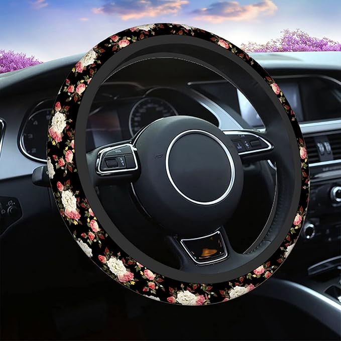 Swono Beautiful Roses Non-Slip Steering Wheel Cover Vintage Floral with Red and White Roses Neoprene Car Steering Wheel Covers Grip Automotive Steering Wheel Protector Auto Car Wrap Cover 15 Inch