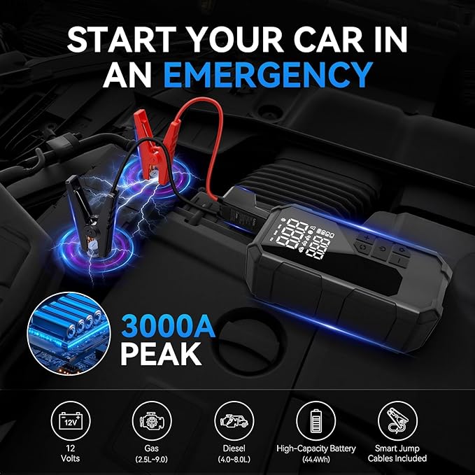 Jump Starter with Air Compressor, 3000A Portable Jump Starter Car Jump Box with 150PSI Tire Inflator (9.0L Gas/8.0L Diesel), 12V Emergency Battery Booster, LED Light, Gift for Man