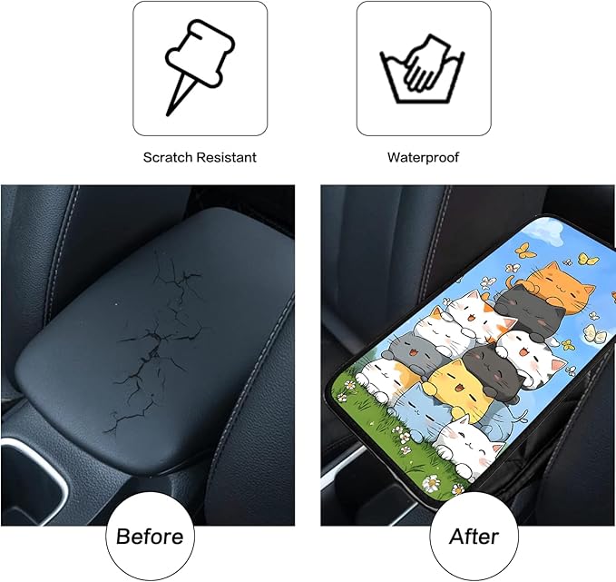 JANENFNA Car Armrest Cover Pads Universal Fashion Cute Auto Center Console Armrest Cover Pad with 2PCS Car Coasters Soft Waterproof Car Armrest Seat Protector for Women,Cute Cat Butterfly
