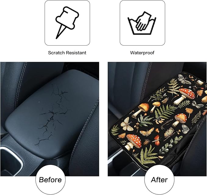 JANENFNA Car Armrest Cover Pads Universal Fashion Cute Auto Center Console Armrest Cover Pad with 2PCS Car Coasters Soft Waterproof Car Armrest Seat Protector for Women,Mushroom Insect Grass