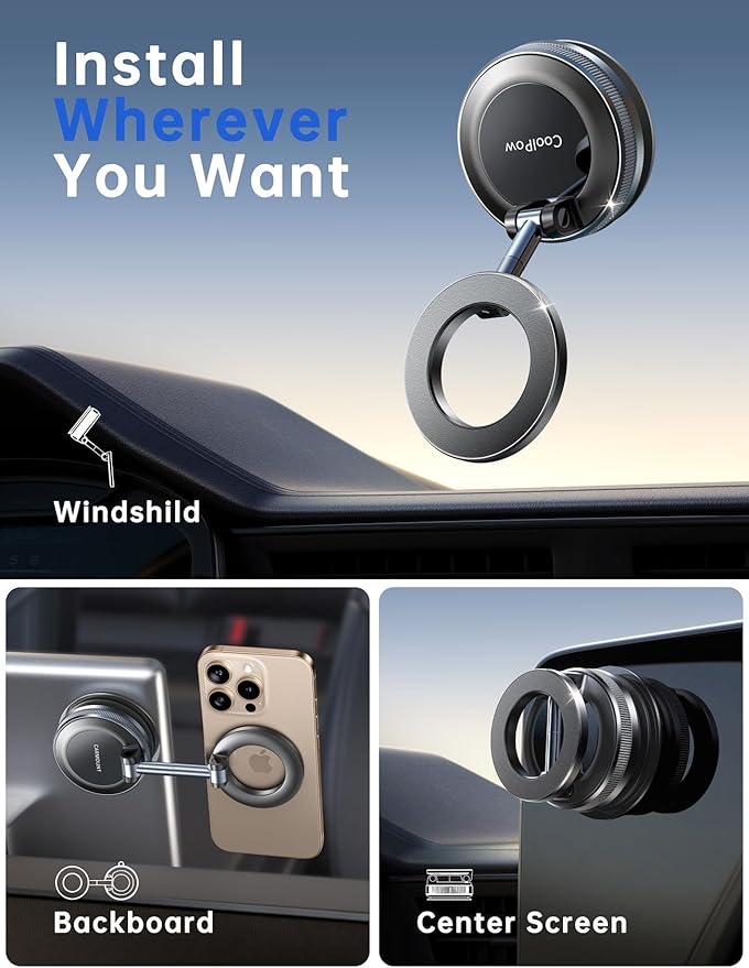 Coolpow【Newest Vacuum Magnetic Phone Holder for Car Phone Holder Mount【Movable Vacuum Suction】 Magsafe Car Mount Cell Phone Holders for Your Car Accessories Interior for Women Men for iPhone 17 16 15