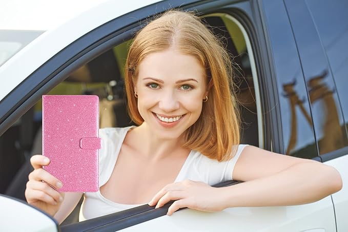 Car Registration and Insurance Holder Vehicle Glove Box Organizer Leather Car Document Holder for Driver's License, ID, Key Information Cards with Magnetic Closure, Glitter Pink