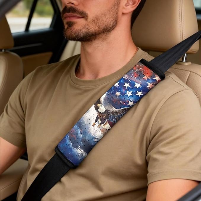 Qeluxign Car Accessories Set for Women American Flag Bald Eagle Center Console Armrest Pad Seat Belt Cushion Universal Car Accessories for SUV Van Truck
