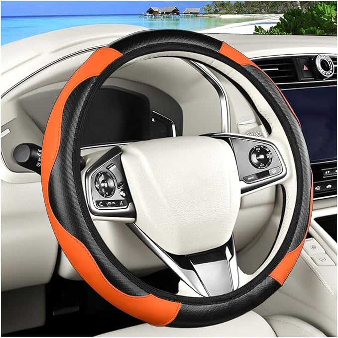 Carbon Fiber Car Steering Wheel Cover, 14.5-15 Inch Elastic Stretch Steering Wheel Guard, Sports Style Non-Slip Automotive Interior Accessories, Universal for Vehicles (Black/Orange)