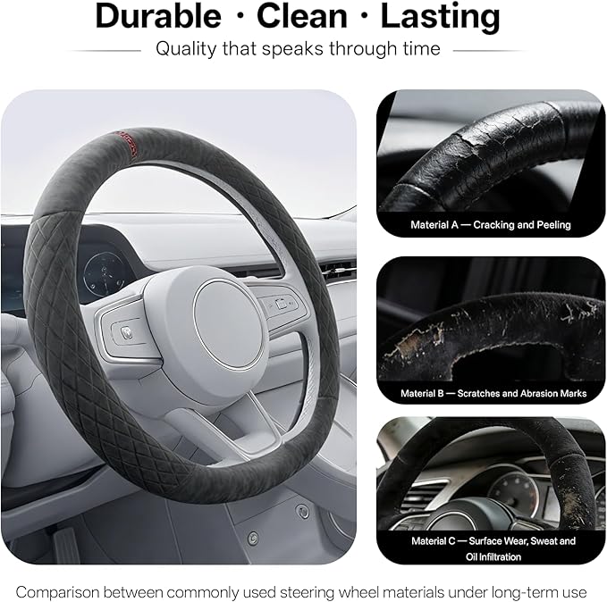 PAUUOOA Alcantara Sports Steering Wheel Cover 14.5" to 15" Fit - Anti-Slip Comfort Grip, Durable Soft Suede-Feel Luxury Material for Men Drivers | Fits Sports Cars, Luxury Cars, Sedans, SUVs and EV