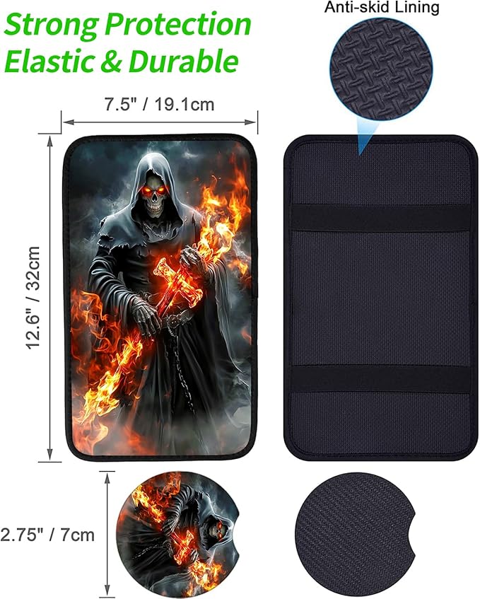JANENFNA Car Armrest Cover Pads Universal Fashion Cute Auto Center Console Armrest Cover Pad with 2PCS Car Coasters Soft Waterproof Car Armrest Seat Protector for Women,Grim Reaper Flame Cross