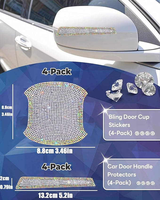 8Pcs Bling Car Door Handle Protector Stickers,Crystal Rhinestone Glitter Car Door Handles Cup Scratch Protectors Decals Universal (Colorful White)