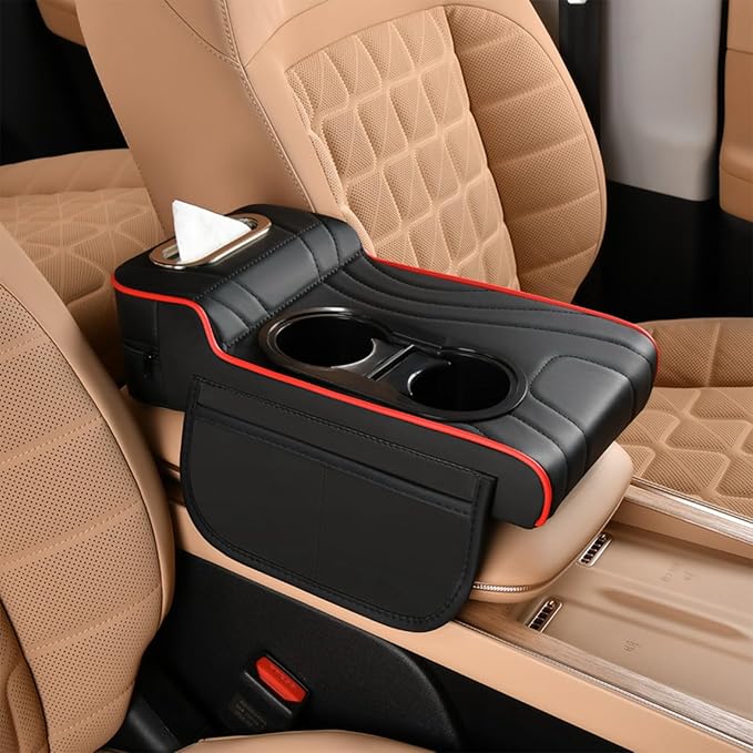 LAFANDE Car Armrest Cushion | Heightening Pad Arm Rest for Car, Center Console Cover with Storage Bags Cup Holder, Tissue Box Slot, Easy to Install and Clean
