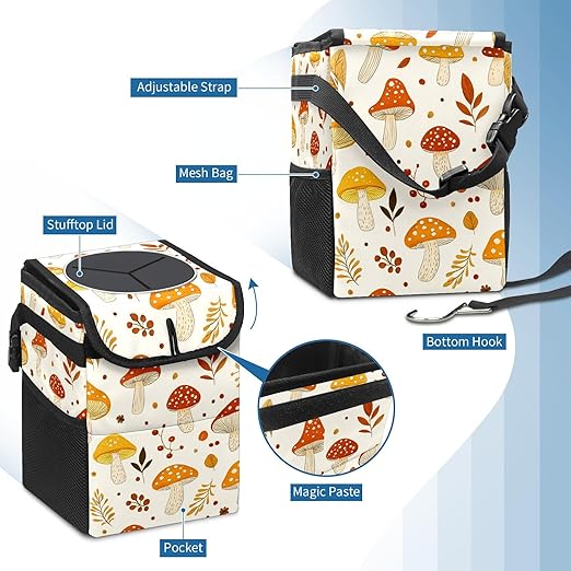 GVGHIDZ Car Trash Can – Multi-Purpose, Lightweight and Portable with Durable Water-Resistant Coating, No Installation Required, Practical and Ample Capacity, Variety of Colors.Mushroom