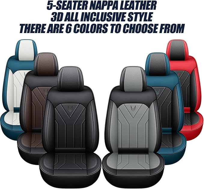 Car Seat Covers Full Set 3D Foam Back Support, 5 Seats Universal Fit for Most Cars, Nappa Leather Car Seat Cushion Super Breathable, Storage Bags, All Season, Black Coffee Car Seat Cover
