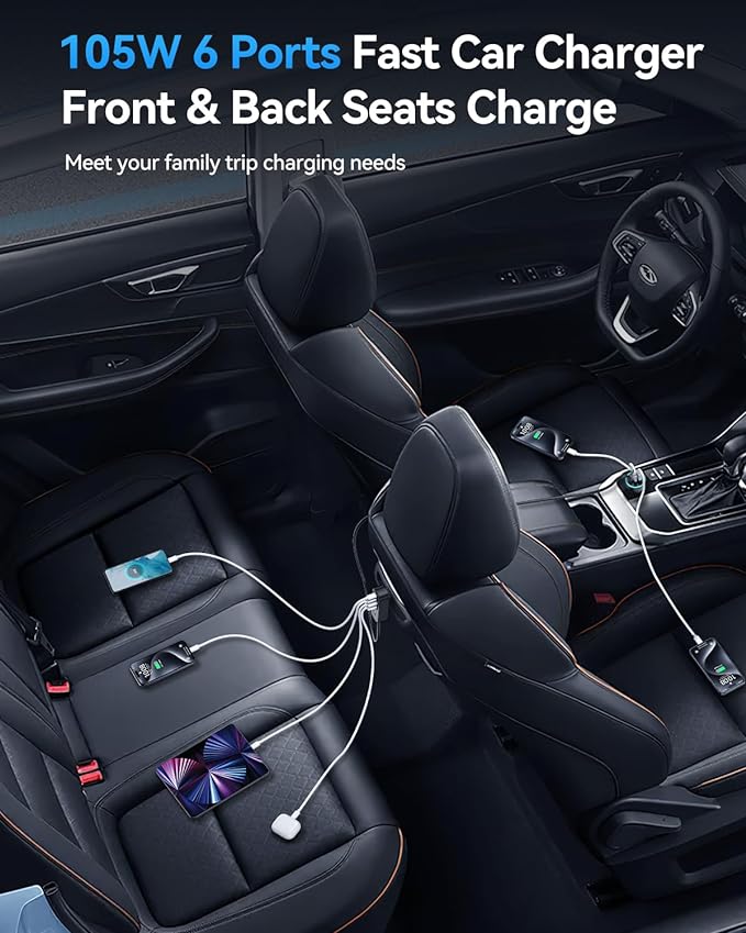 Rocoren 105W 6-Port Multiport Car Charger, Car Travel Essentials for Road Trips with 5FT Cable, 6-Pack Magnetic Cable Clips Cord Organizer-Cable Smooth Adjustable for Desktop, Home Office, Car
