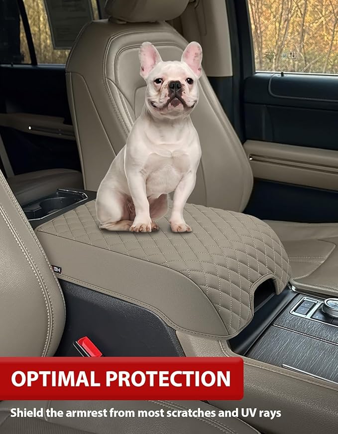 KBH Center Console Armrest Cover for 2015-2020 Ford F150, 2017-2022 F250-F550, 2018-2024 Expedition, Bucket Seat, PU Leather Cushion Pad, Anti-Scratch, Stone Gray (Not for Other Years)