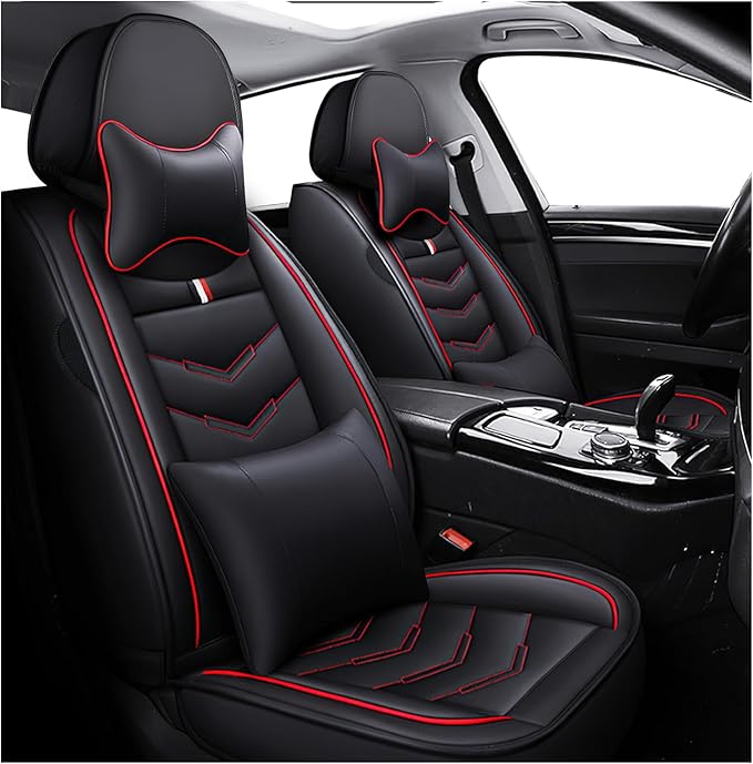 MVRVMV Luxury Car Seat Covers for GMC Acadia 2007-2026, Nappa Leather Auto Seat Cover with 2 Neck Pillows and 2 Lumbar Supports (2 Seat Luxury, Black-Red)