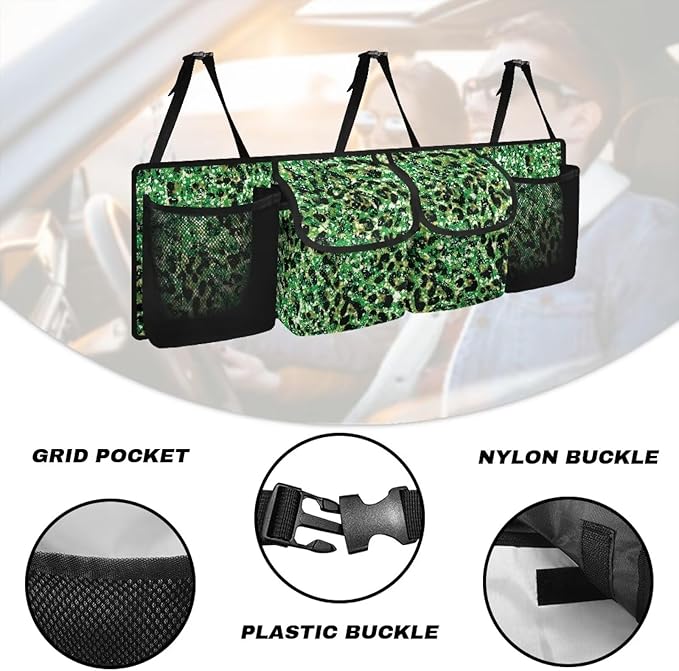 Hanging Trunk Organizer Green Leopard Print Back of Seat Car Organizer with 4 Pockets, Buckle Strapes Trunk Organizer Universal Fit Most Sedan SUV MVP Hatchback