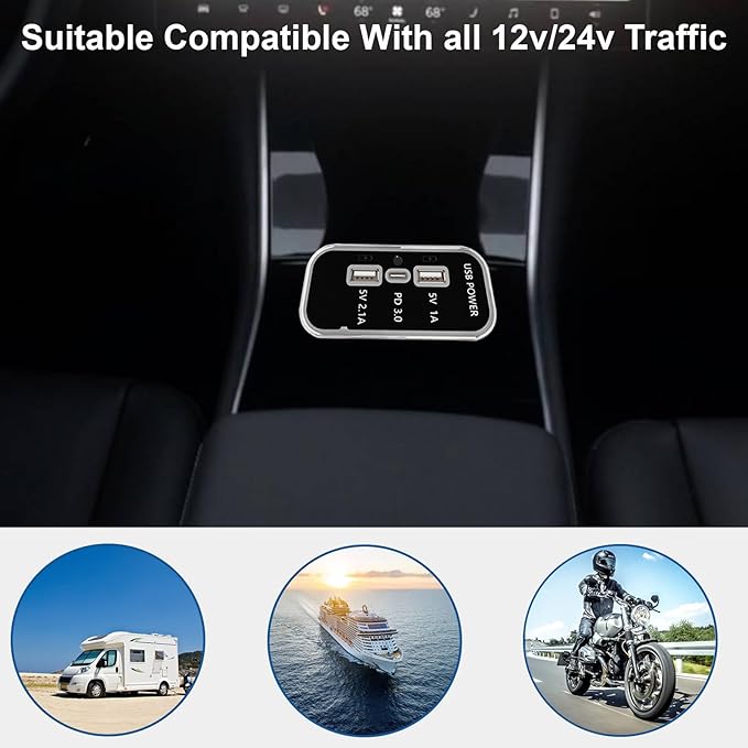 3 Ports 12V USB Outlet, 12V/24V Wall Mount Car USB Socket Charger Adapter,3.1A Dual USB A Port & PD3.0 USB C Port Charger Socket for RV Marine Boat Bus ATV Motorcycle Truck-1 Pack