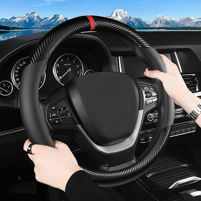 Black Carbon Fiber Leather Steering Wheel Cover, Microfiber Leather, Anti-Slip, Breathable, Universal Fit for 14.5–15 in Steering Wheel Cover for Men Women
