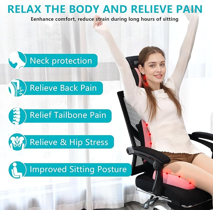 FLORICH 3 PCS Seat Cushion for Carseat Lumbar Support Pillow Car Neck Headrest Pillows Memory Foam Gel Memory Foam Massage Point Seat Pads Pressure Relief Back Cushion for Office Chair(Light Pink)
