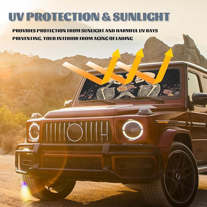 Skeleton Flowers Car Window Sun Shield Retro Gothic Starry Sky Comics Front Window Sun Shade Blocks UV Rays Sun Visor Protector for Car Sedan Truck SUV Accessories
