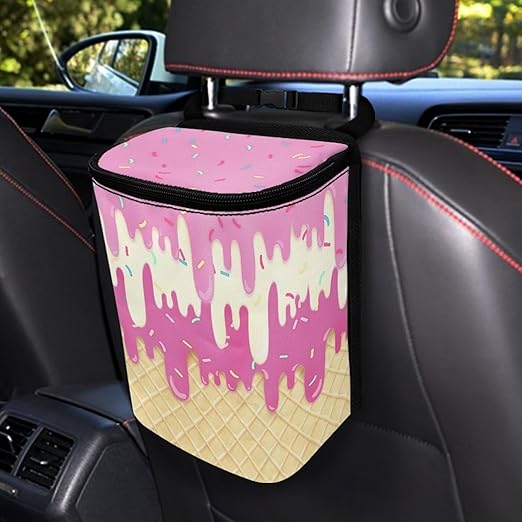 KEIAHUAN Ice Cream Car Trash Can with Lid Cute Leakproof Car Trash Garbage Bag Hanging Multi-Functional Rubbish Bag for Travelling, Camping