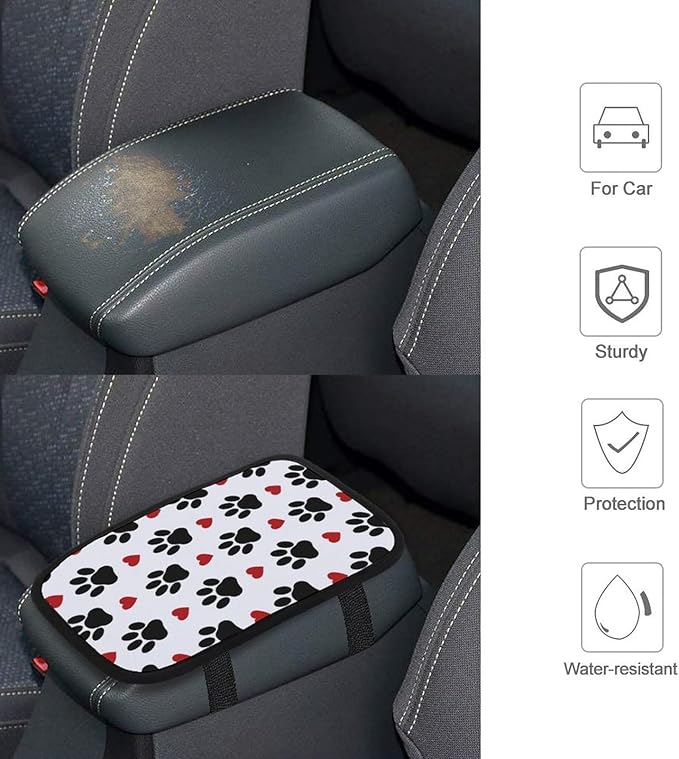 Black Dog Paws Red Hearts Car Center Console Cushion Pad,Waterproof Armrest Seat Box Cover Protector,Comfortable Car Decor Accessories Fit for Most Cars, Vehicles, SUVs