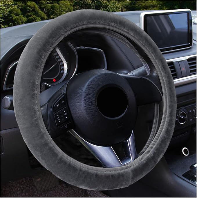 Augeny Fuzzy Car Steering Wheel Cover, Anti-Slip Soft Plush Steering Wheel Protector, 15 Inch Elastic Wheel Covers, Universal Vehicle Interior Winter Warm Accessories for Men Women (Gray)