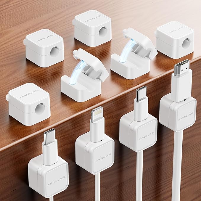 10Pack 2026 Upgraded Cord Organizer Magnetic Cable Clips [1s Lock] MRGLAS Cable Holder Office Desk Accessories with 4 Extra Strong Adhesive Pads, Wire Keeper for Nightstand Desktop Wall Car