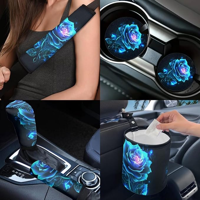 Dngkaoje 13 Pack Neon Flowers Car Seat Covers Full Set,Universal Front and Rear Split Bench Seat Covers for Cars Blue Rose Print Hanging Trash Bag,Seatbelt Shoulder Pads,Armrest Cushion Pad