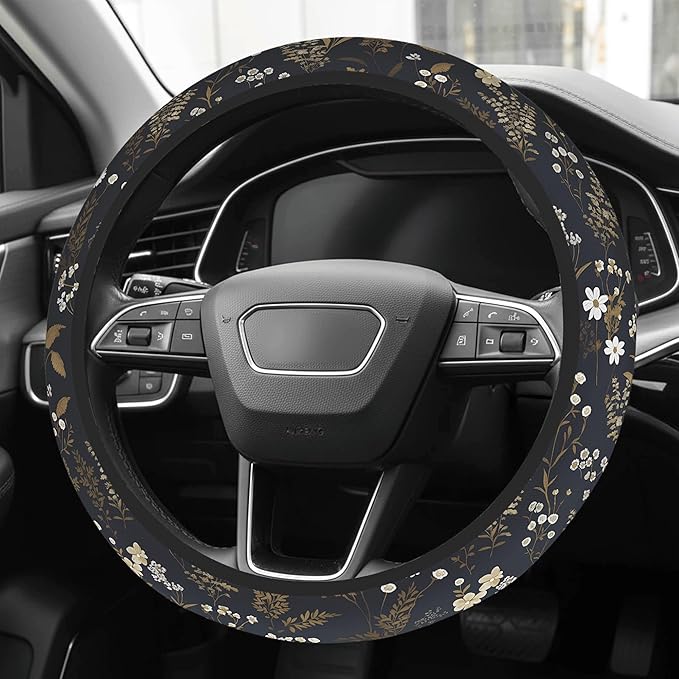 Cute Steering Wheel Cover for Women, Machine Washable Universal 14.5-15.5 inch Non-Slip Grip All Weather Use (Retro Floral Brown)