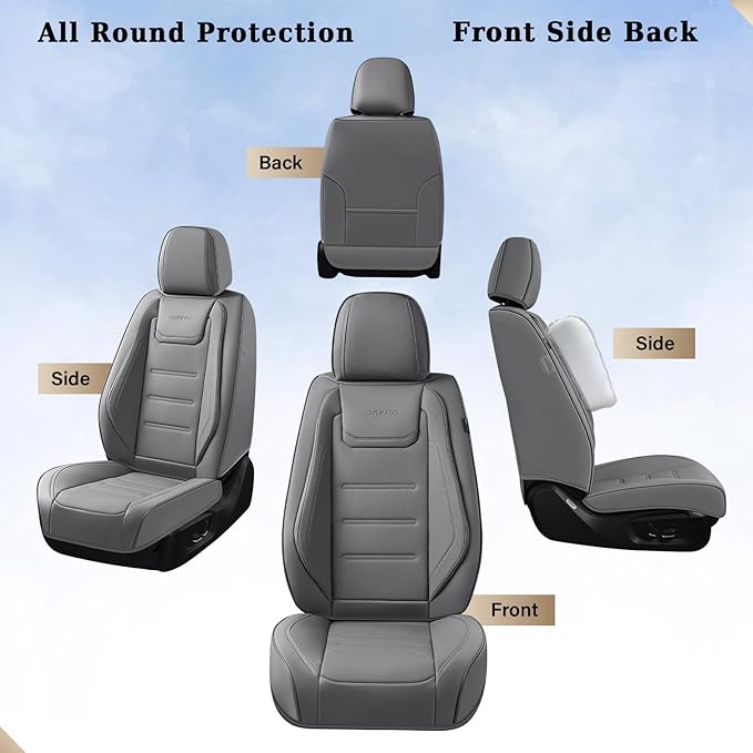 Coverado Car Seat Covers Full Set, Seat Covers for Cars, Car Seat Cover, Car Seat Protector Waterproof, Leather Car Seat Cushion, Universal Car Interior Covers Seat Protectors for Most Cars Gray