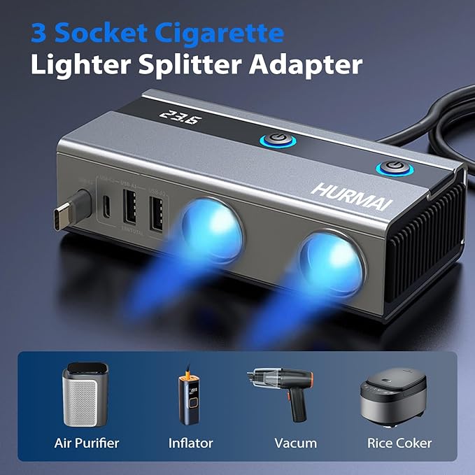 9 in 1 Cigarette Lighter Splitter Adapter with Retractable Phone Charger, 120W 3 Socket Heavy Duty Truck Car USB Chager Multi Port with PD/QC Charge USB C 12V/24V Independent Switches for Car Devices