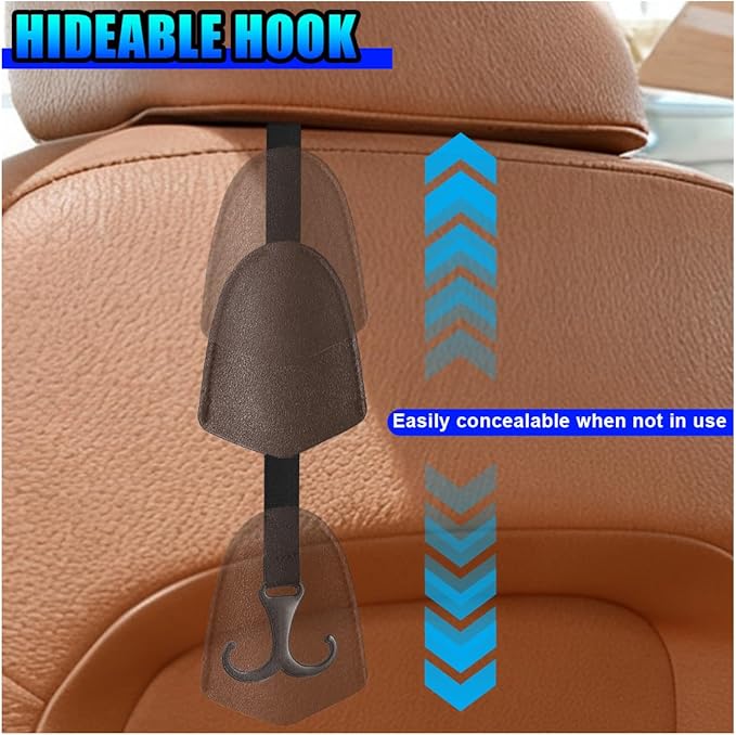 2PCS Car Seat Hooks for Headrest, Leather Car Seat Back Storage Hanger with Double Hooks, Universal Hidden Auto Organization Accessories for Purses, Bags, Umbrellas, Handbags (Coffee)