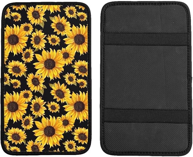 Sunflower Flower Center Console Cover Yellow Floral Armrest Cushion Protector for Cars Sedans Vans Truck Vehicles, SUV Interior Accessories
