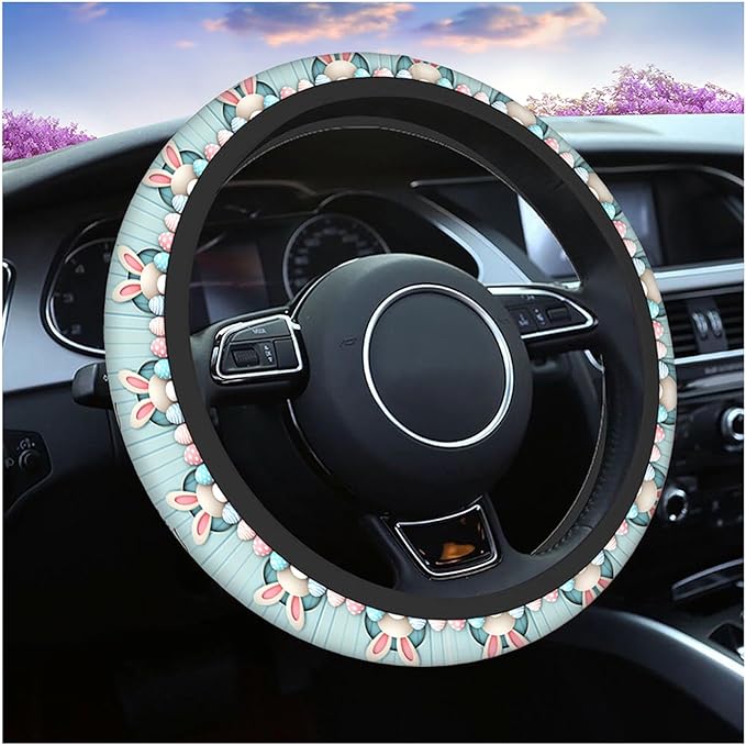 Swono Easter Universal 15" Steering Wheel Covers Easter Bunny Bottom Pink Blue Eggs Blue Wooden Cute Car Steering Wheel Cover for Men Women Girls Car Accessories