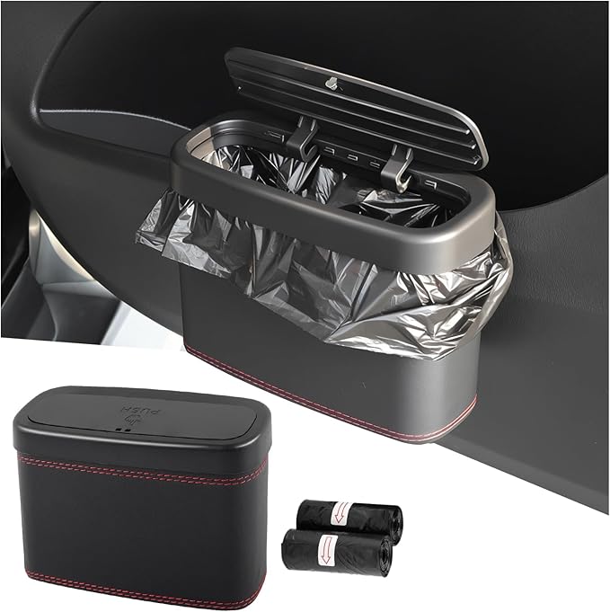Push-Top Car Trash Can with Lid and Hanging Clip,Small Leather Car Garbage Can with 30 Trash Bags,Multi-Purpose Leakproof Cars Trashes Bin Cars Accessories for SUV,Truck,Auto