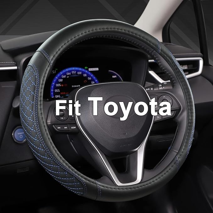 West Llama Customized Auto Car Steering Wheel Cover for Toyota Rav4 Corolla Camry Highlander(Diamond Quilted-Black+Blue-Standard Size)