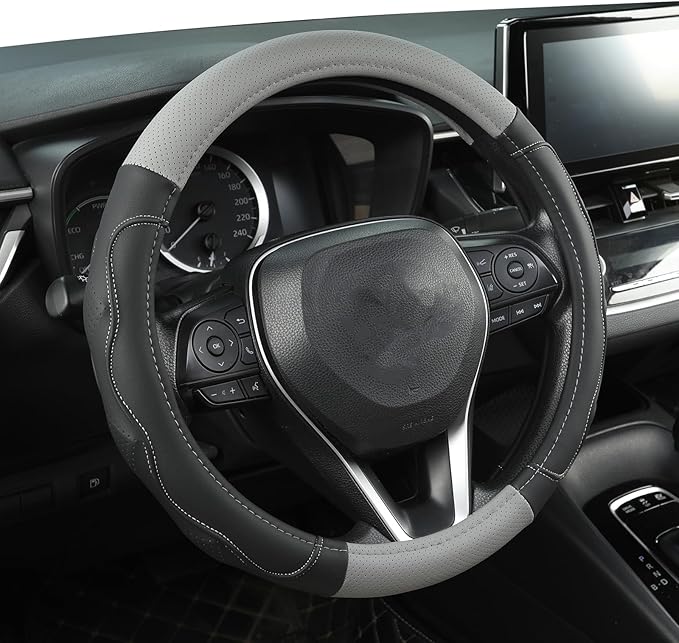 West Llama 3D Texture Steering Wheel Cover for Toyota, Anti-Slip Design, Premium Leather, Custom Fit for 14.5-15 inch, Stylish Interior Decoration(Gray+Black-Standard Size)