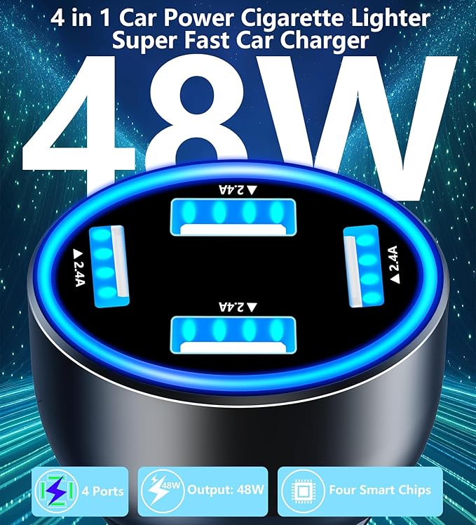 USB Car Carplay Charger, Rombica 4-Port 4.8A USB Car Power Adapter, 4 in 1 48W Fast Charging Cigarette Lighter for iPhone 17 17 Pro Max 16 15 14 13 12 11 Pro, Galaxy S26 S25 S24 S23, Pixel, iPad Pro