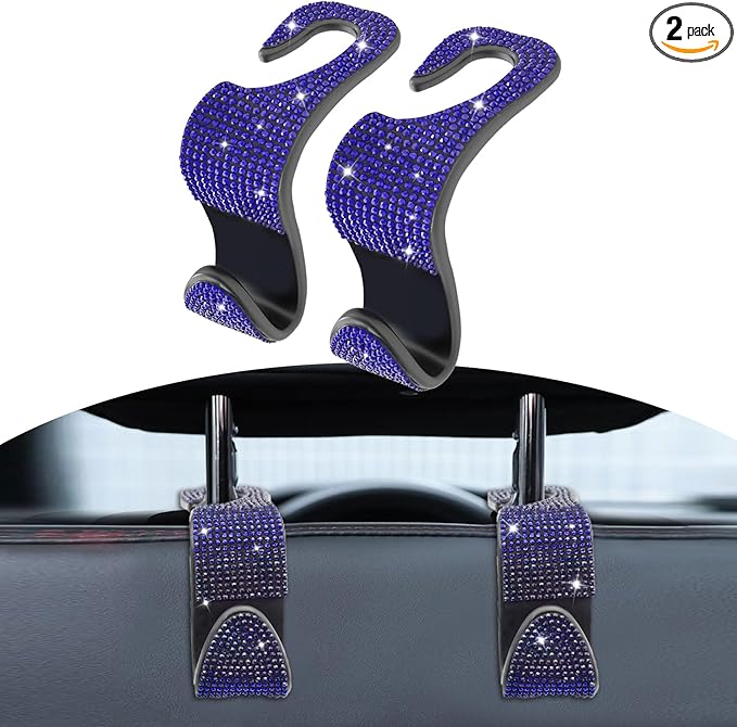 2PCS Car Seat Hooks, Purse Hook for Car, Crystal Rhinestone Vehicle Backseat Purse Holder, Auto Accessories Diamond Auto Seatback Storage Organizer Hanger for Handbag Clothes Purse (Blue)