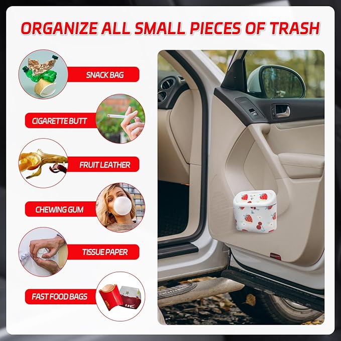 Mini Car Trash Bin with Lid – Automotive Garbage Can with 5 Trash Bags, Waterproof & Leakproof Vehicle Interior Waste Box for Car, Office, Home (White)