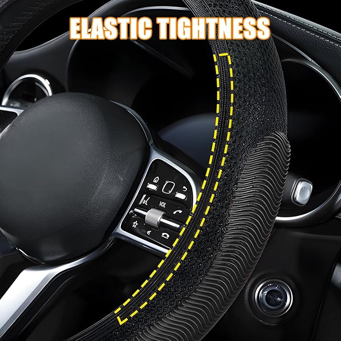 Elastic Stretch Car Steering Wheel Cover, Breathable No Inner Ring Vehicle Steering Wheel Protector, 15 Inch Ice Silk Anti Slip Automotive Accessories, Universal Fit (Black)