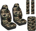 FUSURIRE Camouflage Coconut Tree Print Seat Covers for Cars Full Set 5-Pcs, PU Car Accessories Seat Belt Covers Pads + Vehicle Armrest Protector for Women Men Interior Accessories Decor