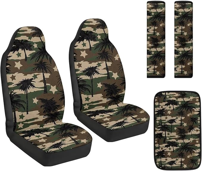 FUSURIRE Camouflage Coconut Tree Print Seat Covers for Cars Full Set 5-Pcs, PU Car Accessories Seat Belt Covers Pads + Vehicle Armrest Protector for Women Men Interior Accessories Decor
