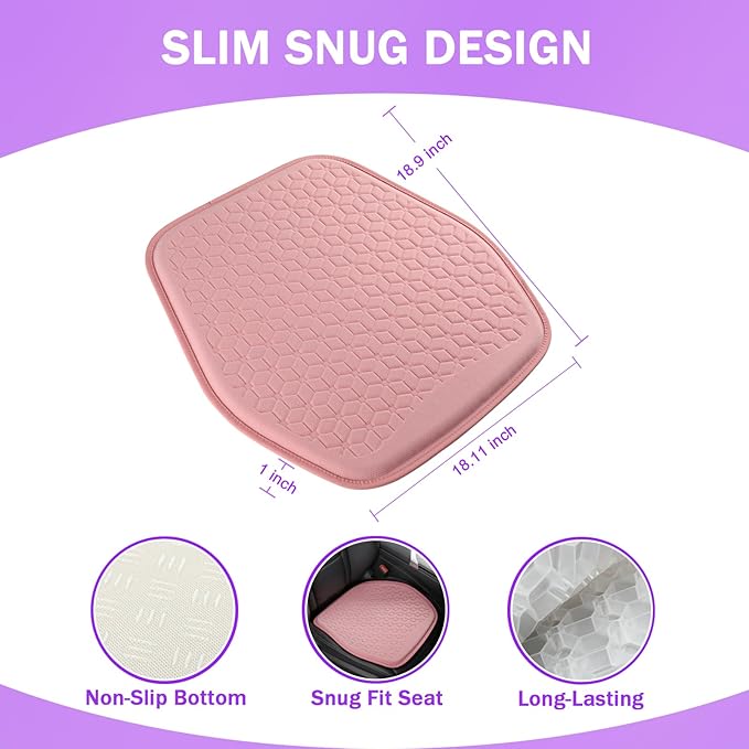 Thin Gel Seat Cushion for Car Seat, Office Chair, Wheelchair, Golf Cart - Non-Slip Car Seat Cushions with 0.7 Inch Gel - Sciatica & Coccyx Pain Relief (Fabric, Pink)
