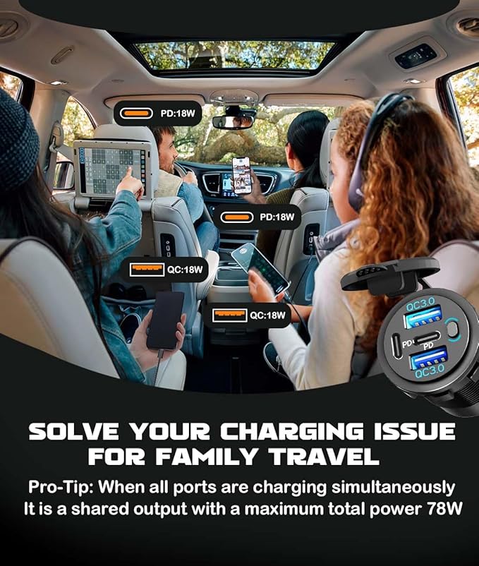 Quad-Port 12V USB Outlet with Switch & LED - 78W Dual QC3.0 & Dual PD3.0 USB C Car Charger Socket for RV Motorcycle Marine Truck Golf Cart Boat Accessories
