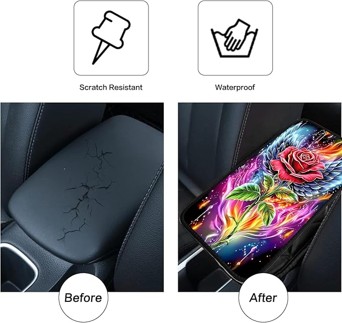 JANENFNA Car Armrest Cover Pads Universal Fashion Cute Auto Center Console Armrest Cover Pad with 2PCS Car Coasters Soft Waterproof Car Armrest Seat Protector for Women,Winged Rose