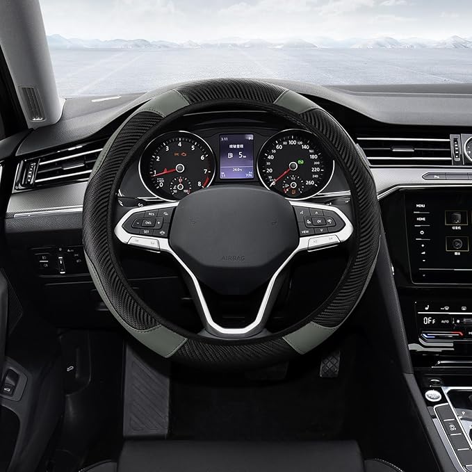 Car Steering Wheel Cover, Steering Wheel Protector, Universal 14.5-15 Inch Microfiber Leather Breathable Auto Steering Wheel Covers, Carbon Fiber Steering Wheel Cover for Women Men (Gray)